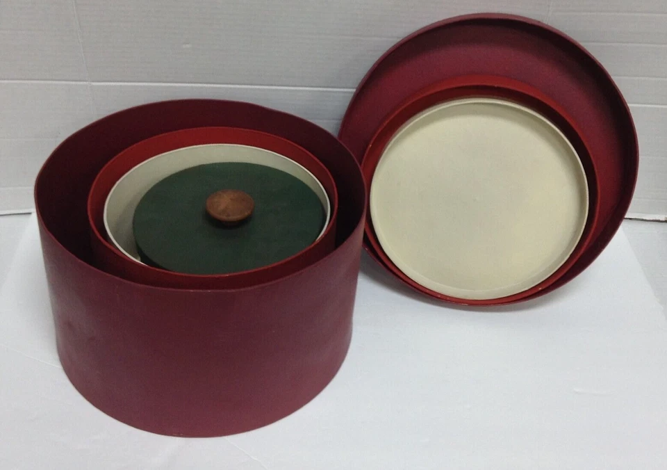 4 Rustic Round Nesting Boxes with Lid crafts storage red cream green organize - Image 2 of 4