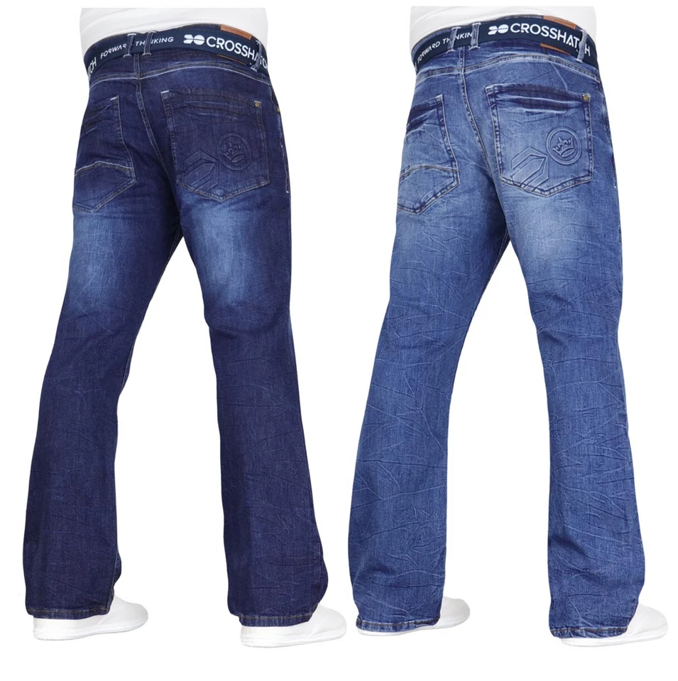 CROSSHATCH Mens Bootcut Jeans Stretch Wide Leg Fashion Denim Pants Free Belt