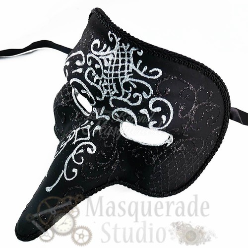 Men's Venetian Silver Glitter Pattern Nasone Grezzo Short Nose Masquerade Mask - Picture 3 of 4