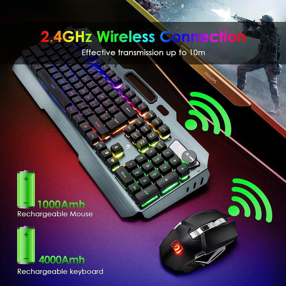 Wireless Gaming Keyboard and mouse combo RGB Backlit Rechargeable Metal Panel - Image 4 of 4