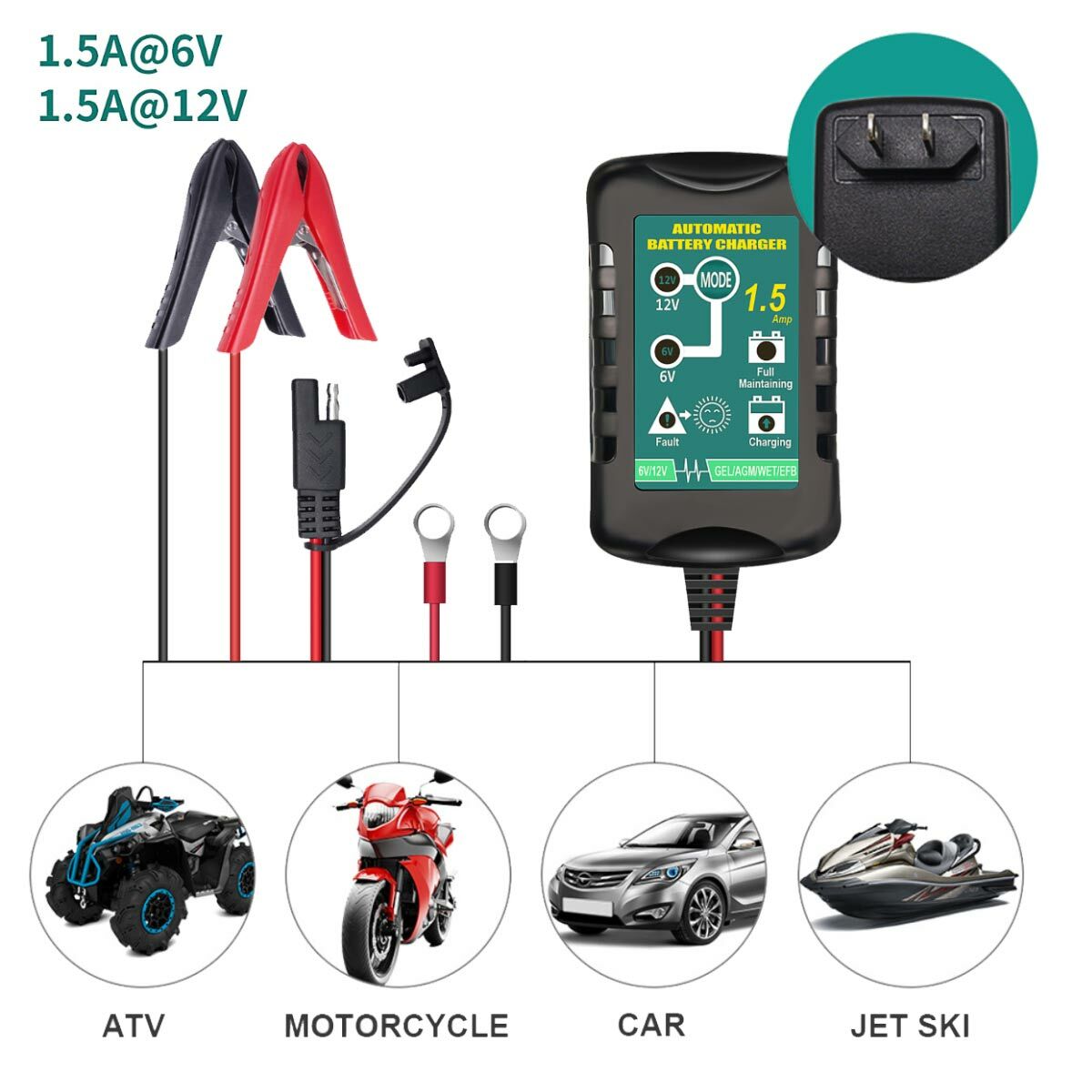 Automatic Battery Charger Motorcycle Trickle Float , Maintainer 6V 12V