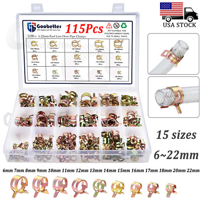 #ad 115Pcs Fuel Line Hose Spring Clip 6mm 22mm Clamps Hose Pipe Clamp Assortment Kit $13.49