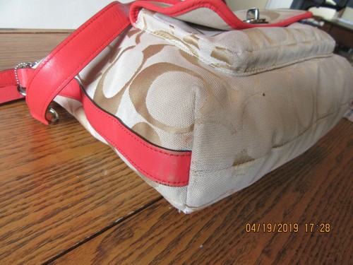 Coach Signature C Hot Pink/Coral Lether& Khaki Satchel, Purse,Crossbody, Handbag - Picture 6 of 12