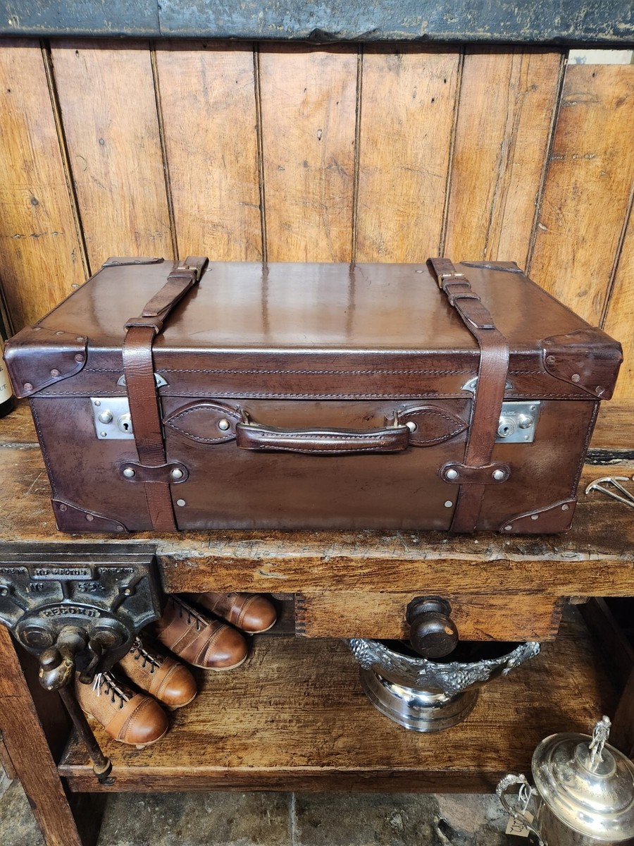 ANTIQUE Travel Trunk, Vintage Leather Chest - Car Luggage, Coffee