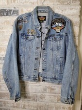 U.s.a . Womens Denim Jacket With Harley-davidson Patches & Pins, Size Xl