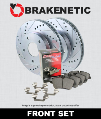 FRONT BRAKENETIC Sport Drill Slot Brake Disc Rotors + Quiet Pads BSK76424