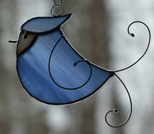 Stained Glass Little Blue Jay Bird Sun Catcher