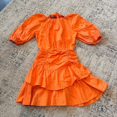 All About May Orange Cotton Linen Puff Sleeve Ruched Ruffle Mini Dress US 2