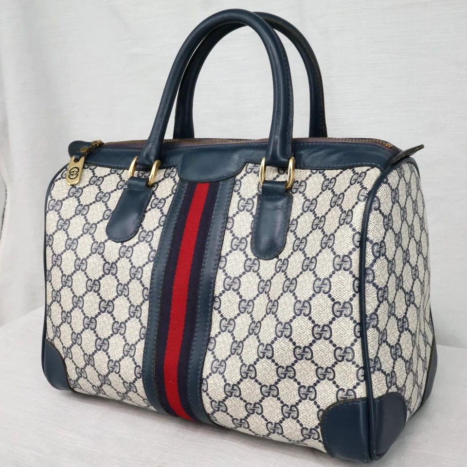 古驰手提包女式蓝色 PVC 皮革装饰波士顿包雪利酒线 70 年代复古 — 第 2/4 张图片