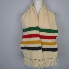 vtg Lands’ End Wool Scarf cream red Blanket Stripe Pattern fringe wool blend