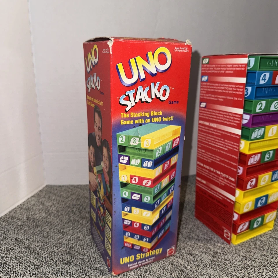 UNO STACKO by MATTEL Ages 8+,2+ PLAYERS, 99% COMPLETE #42468 1999 - Image 3 of 4