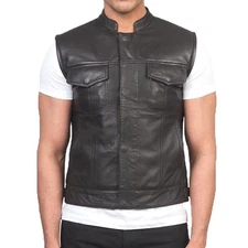 Mens Leather Club Style Vest with Concealed Carry and Adjustable Fit