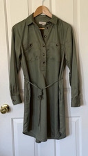 LOFT Women’s Green Shirt Dress- XS Long Sleeve Button Front Belted Pockets