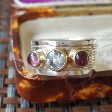 Sterling Silver Band Ring Blue Topaz And Rhodolite Textured Detailing Size L.5