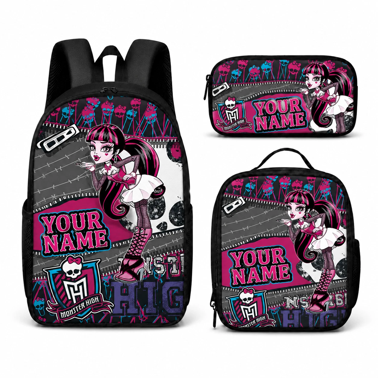 Custom Name Argyle Monster Doll Backpack Set 3 Pcs, Spooky Cute Pink  School