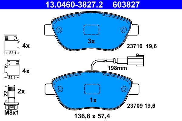 Front ATE 13.0460-3827.2 Brake Pad Set, disc brake for ABARTH,FIAT,LANCIA,OPEL,V