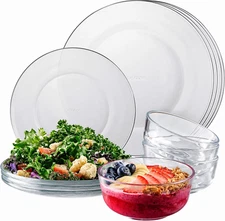 12Pc Glass Dinnerware Set - Sleek Square Clear Glass Plate and Bowl Sets - Dishw