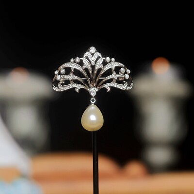 Brosche Fächer Spitze Fake Perle Tropfen Belle Epoque Stil Rhodiniert SB31