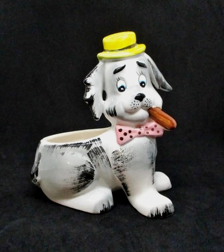 Vintage Wales Puppy Dog W/Yellow Hat & Cigar Figurine Planter Old Japan RARE