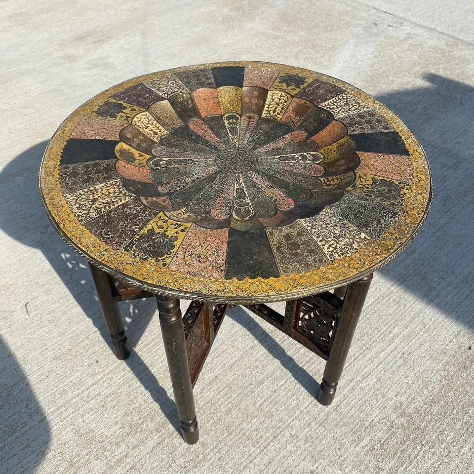 Vintage Moroccan Etched Brass Tin Round Tray Wood Folding Legs Coffee Table - Image 2 of 4