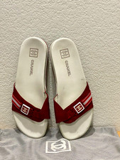 Vintage Authentic Chanel CC Logo Red/White Nylon/Leather Slide Size 38