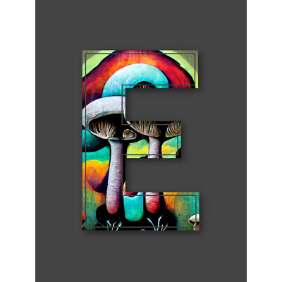 Letter E Multicoloured Trippy Mushrooms Graffiti Initial Large Art Print 18X24''
