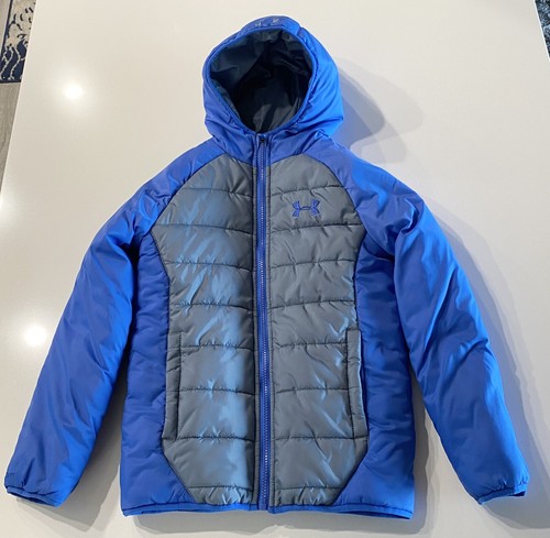 Boys UNDER ARMOUR Blue & Gray Hooded Zip Puffer Jacket Size 8 YSM - Picture 2 of 14