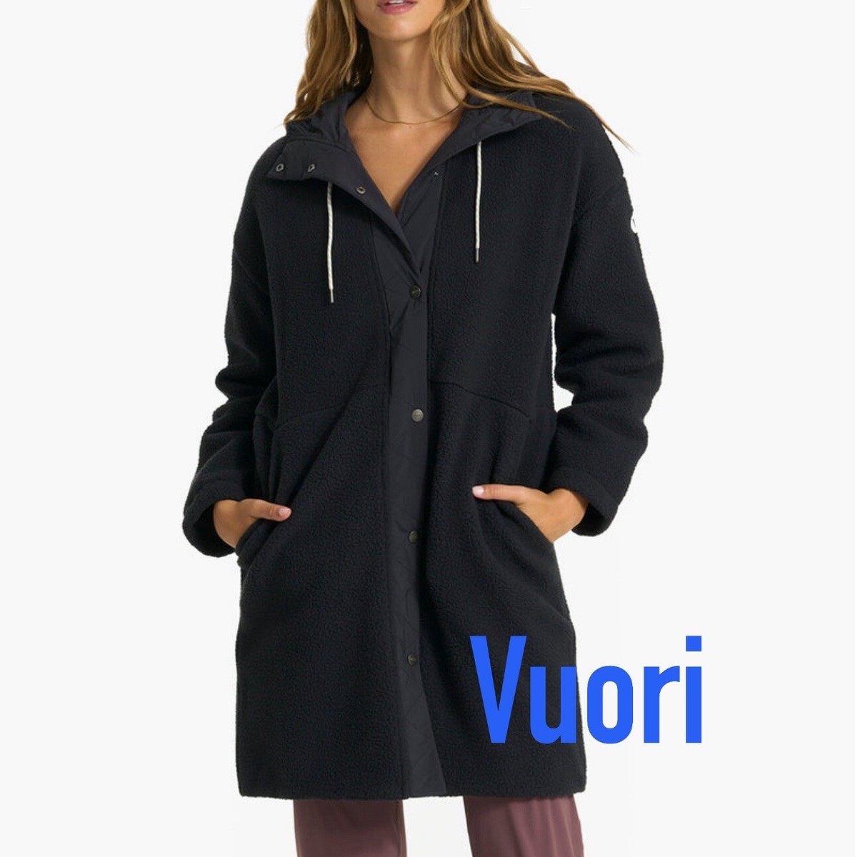 NWT Vuori Sherpa Hooded Trench Coat Jacket * Black * Small * Warm