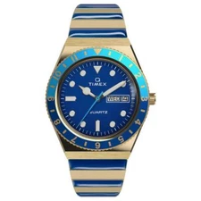Q Timex Malibu 36mm Stainless Steel Blue Gold Classic Watch TW2V38500 | RRP $349
