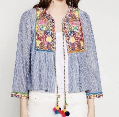Zara Woman Embroidered Striped Jacket Short Shirt Tassels Pom Pom Blue Boho Sz S - Picture 20 of 21