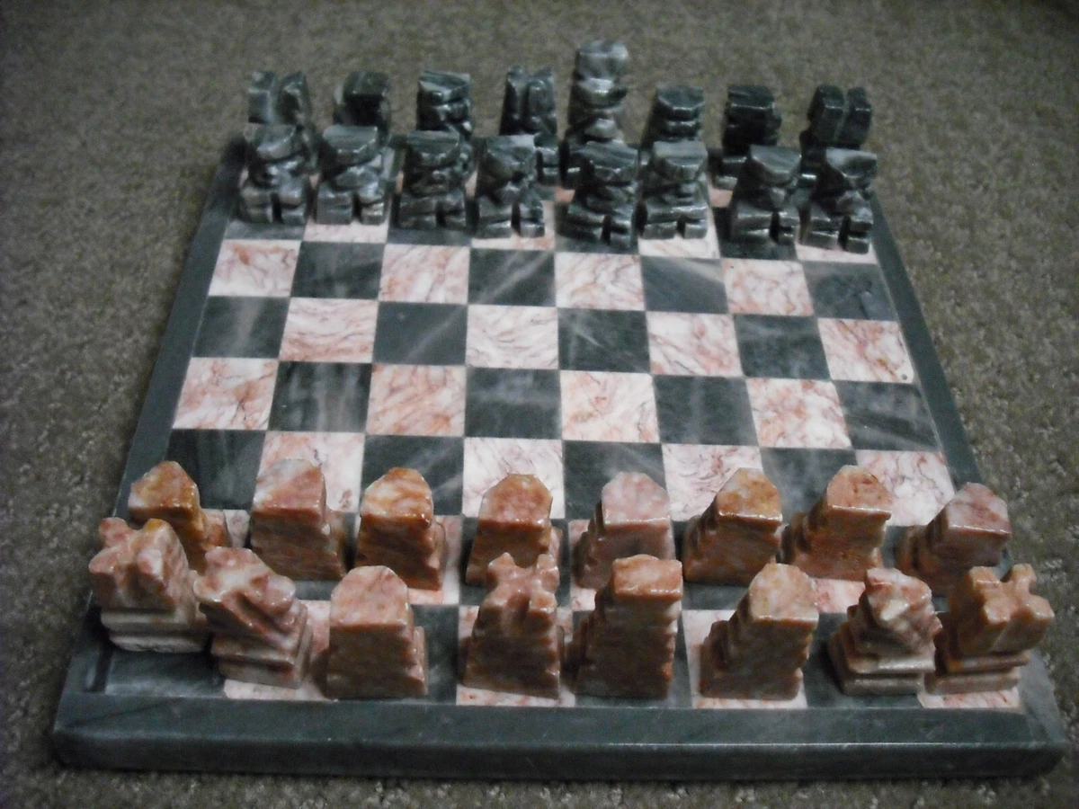 Hand carved Aztec onyx marble chess set 7.5