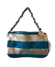 Deux Lux Turquoise Evening Handbag Gold Sequins and Braided Gold Tone Hardware