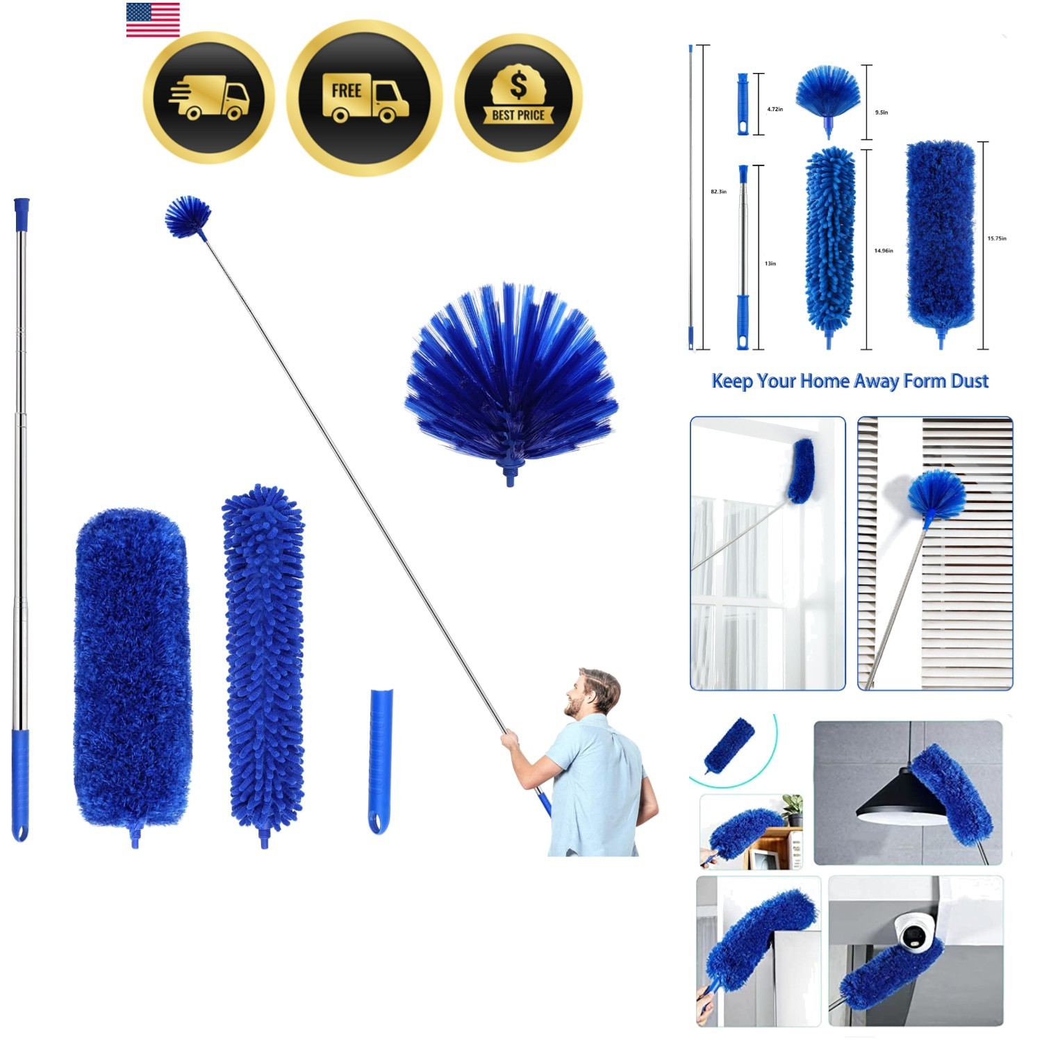 Adjustable Microfiber Duster Set for Cobweb and Ceiling Fan 
