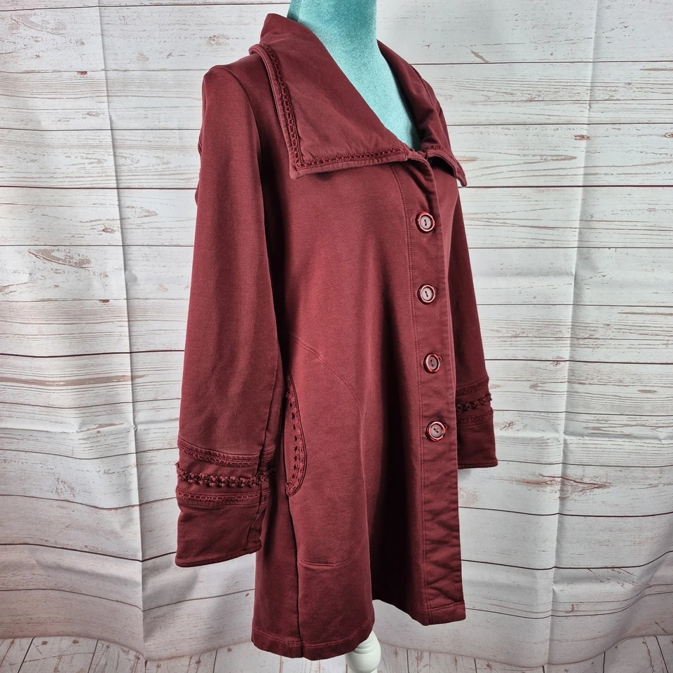 Chaqueta Abrigo Soft Surroundings Talla S Rachel Borgoña Rojo Crochet Plisado Guisante Foto 3 de 4