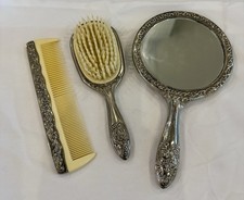 Vintage Silver Plated Vanity Set Mirror Comb  Brush Ornate Floral Design HEAVY