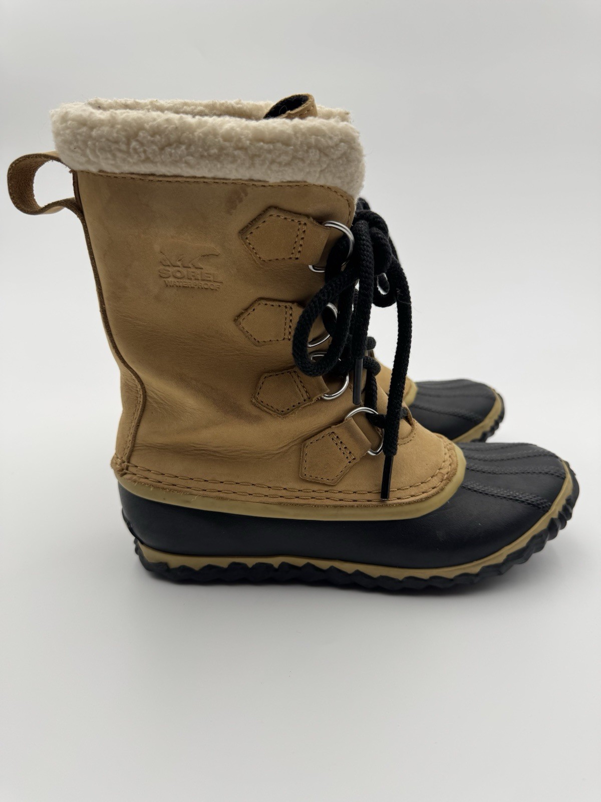Sorel Womens Caribou Slim Tan Brown Leather Faux Fur Snow Boots Sz 5