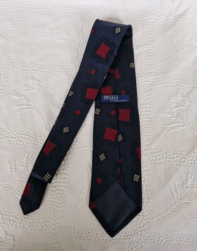 Vintage Navy Blue Geometric Print Polo By Ralph Lauren Handmade Silk Tie. - Image 4 of 4