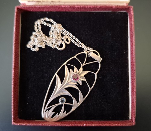 Antik Collier Kette Art Déco Silber Rubin Saphir Signiert, Handarbeit, Im Etui