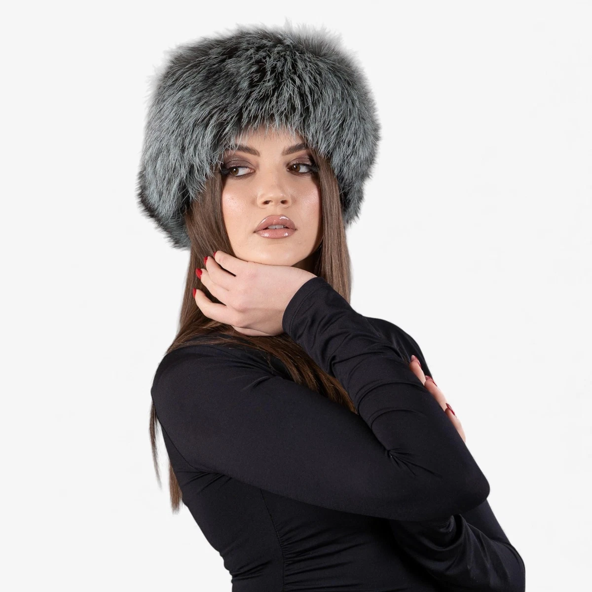 Real Fur Hat light & dark Gray Stretch Beautiful One Size Striped Black & Gray Fur Hat, Mink Fur Beanie, Fluffy Ladies  main image 2