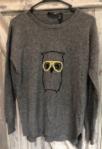 Owl In Eyeglasses Gray 100% Cashmere Sweater Bookish Preppy Librarian Aqua Large - Picture 6 of 14