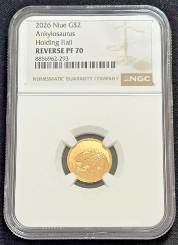 2026 Niue G$2 Ankylosaurus Holding Flail 2g 22K Gold NGC Reverse PF70 Dinosaur