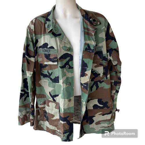 US Army Woodland Camouflage Button Front Pockets Hot Weather Coat Mens L Long - Picture 3 of 11