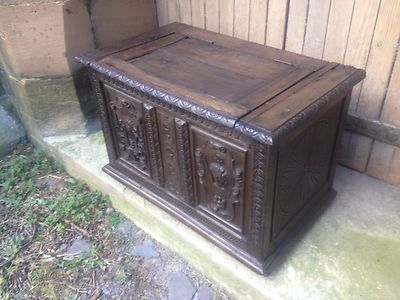 Exceptional 16th Century Two Panel Carved Oak Church Coffer Angel