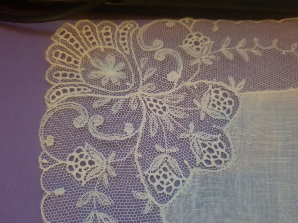 ANTIQUE ORNATE NEEDLE LACE EMBROIDERED FLORAL LINEN BRIDAL WEDDING