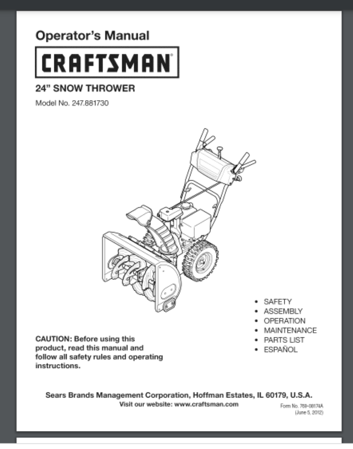 Craftsman 24 inch 247.881730 SNOW THROWER Owner Parts Manual 2017 68 ...
