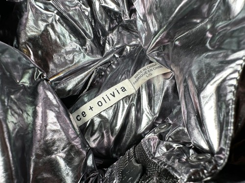 Alice + Olivia Durham Metallic Silver Goose Down Hooded Puffer Jacket Coat Large - Picture 5 of 6