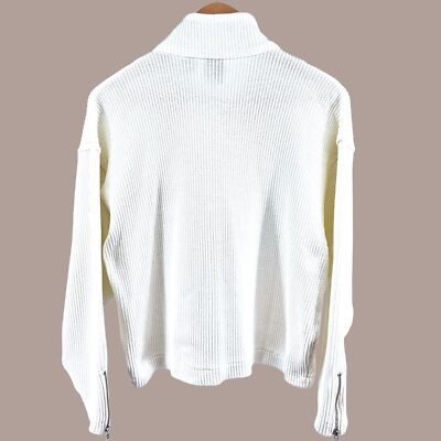 Together! Vintage Sweater Large Ribbed Knit White Asymmetrical Zip 