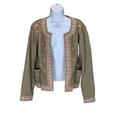 D  Co Denim  Company Open Blazer Large Embroidered Geometric Boho Green Lined