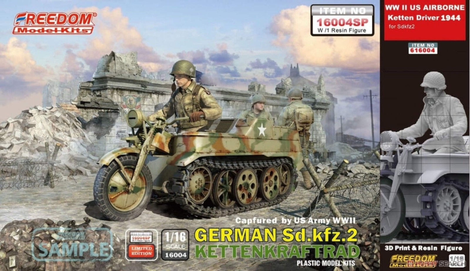 Freedom Model Kit 1/16 US WWII GERMAN Sd.kfz.2 Kettenkraftrad w/US Airborne Driv