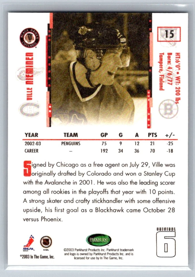 2003-04 Parkhurst Original Six Chicago #15 Ville Nieminen Chicago Blackhawks - Image 2 of 2